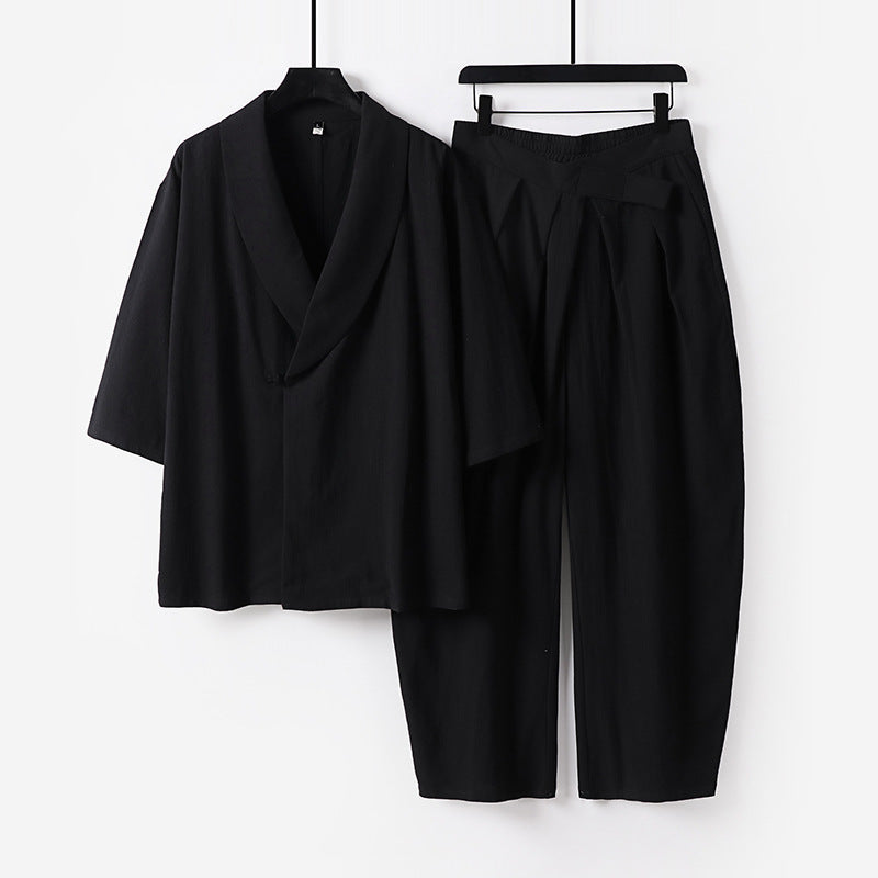 Damen Zweiteiliges Kimono-Loungewear-Set mit Schalkragen Kurzarm-Oberteil und hochtaillierter Plissee-Hose Echoarchiv
