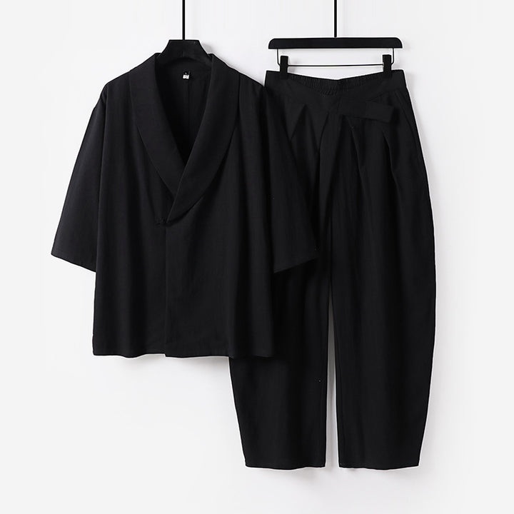 Damen Zweiteiliges Kimono-Loungewear-Set mit Schalkragen Kurzarm-Oberteil und hochtaillierter Plissee-Hose Echoarchiv