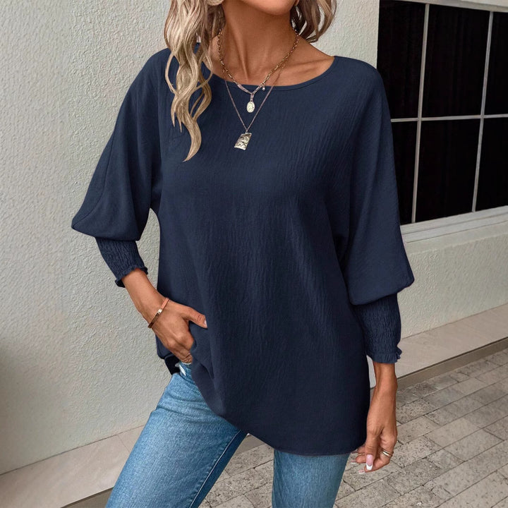 Damen Bluse mit strukturiertem Crinkle, Rundhalsausschnitt und Smokärmeln Echoarchiv