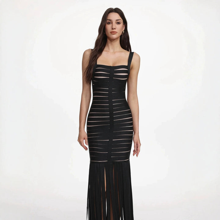 Damen Elegantes Abendkleid mit raffiniertem Streifen-Design und Fransen Echo Archiv