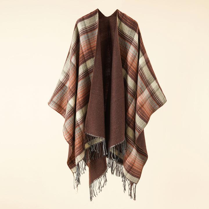 Damen Kastiger Plaid-Ruana aus leichtem Wollmix mit dekorativem Fransensaum – Avérine
