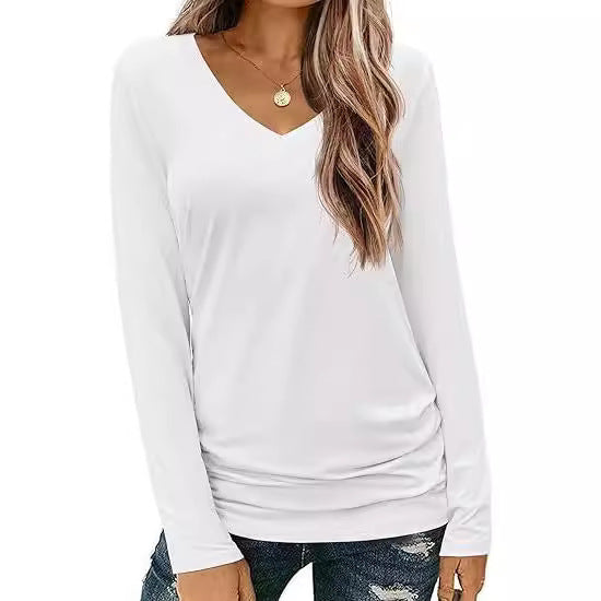 Damen Figurbetontes V‑Ausschnitt Langarmshirt aus Stretch‑Jersey mit leicht gerafftem Saum Echo Archiv