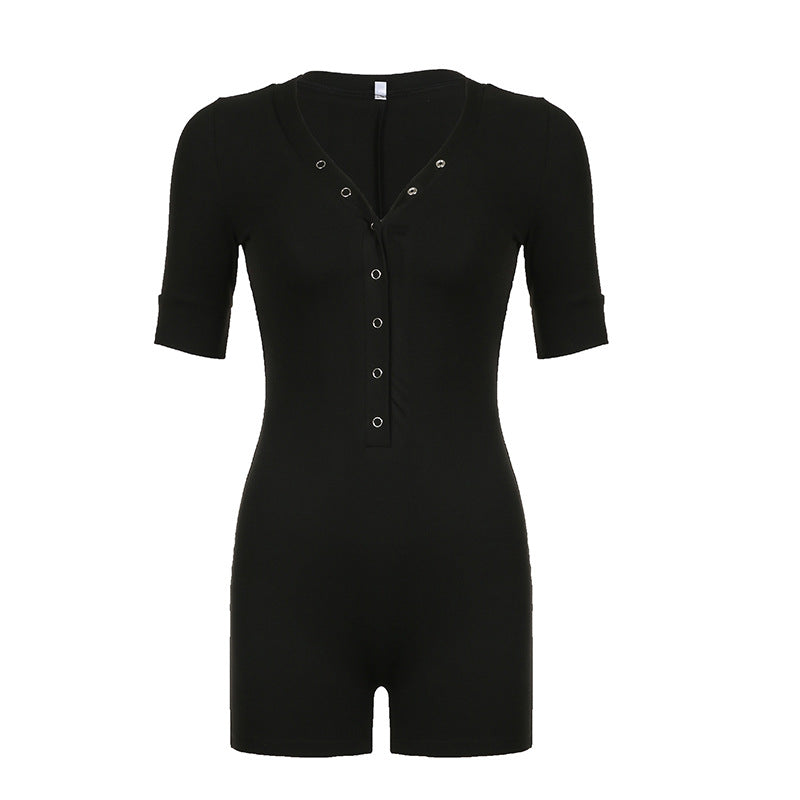 Damen Figurbetonter Jumpsuit mit kurzem Arm und modischem Ausschnitt Echo Archiv
