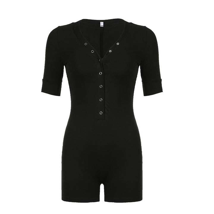 Damen Figurbetonter Jumpsuit mit kurzem Arm und modischem Ausschnitt Echo Archiv