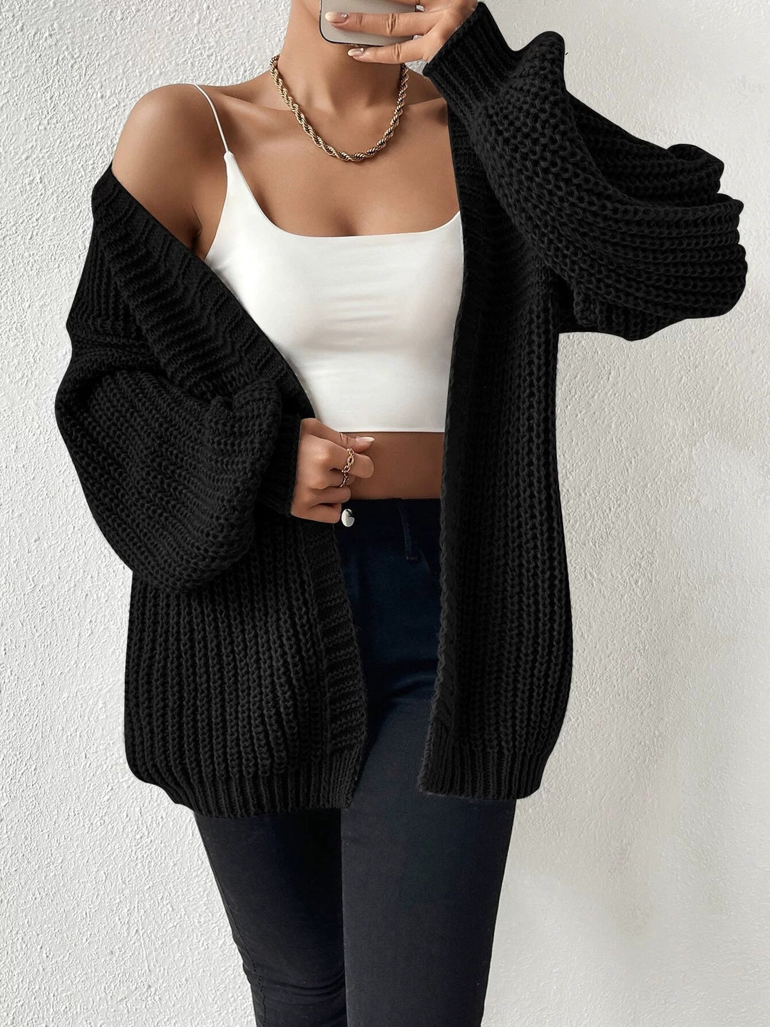 Damen Oversize-Strickcardigan mit grobem Waffelstrick, offener Front und voluminösen Ballonärmeln – Veloura