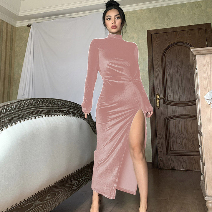 Damen Elegantes Samt-Maxi-Kleid mit hohem Schlitz und Stehkragen Echo Archiv