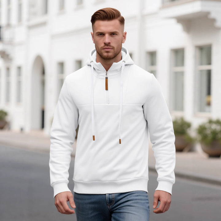 Herren Halbzip-Kapuzenpullover mit Stehkragen, Kordelzug und Lederdetails – Cavarno