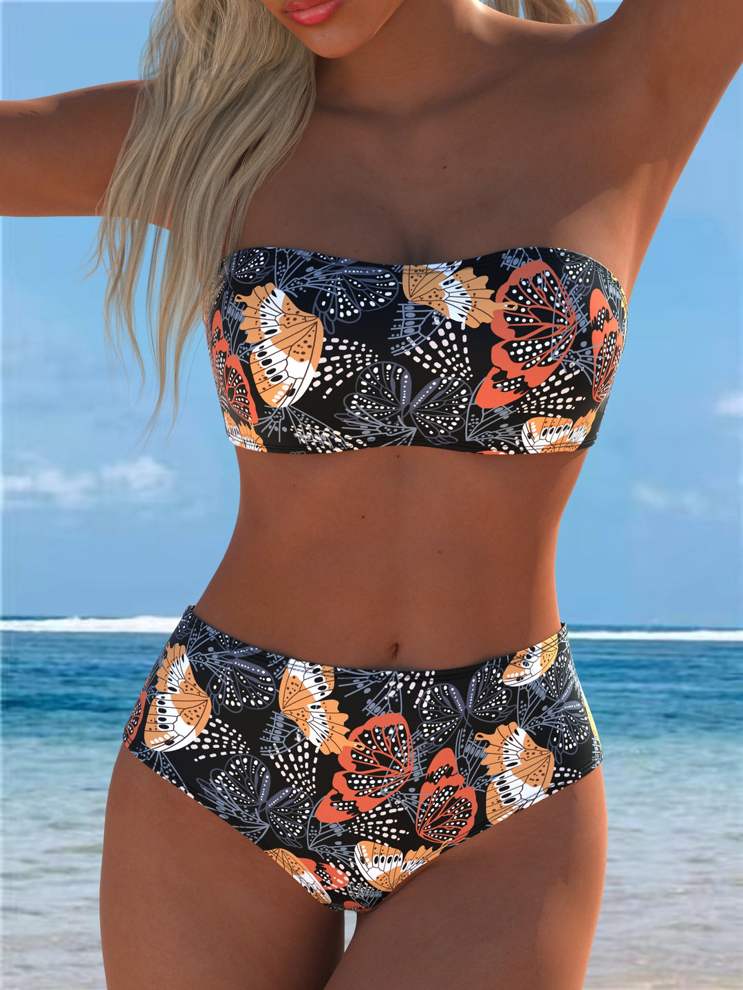 Damen Bandeau-Bikini mit hohem Taillenschnitt und kontrastierendem Blumendesign Echo Archiv