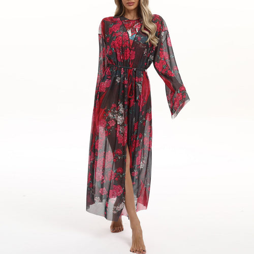 Damen Transparenter Strandkimono mit floralen Mustern Echo Archiv