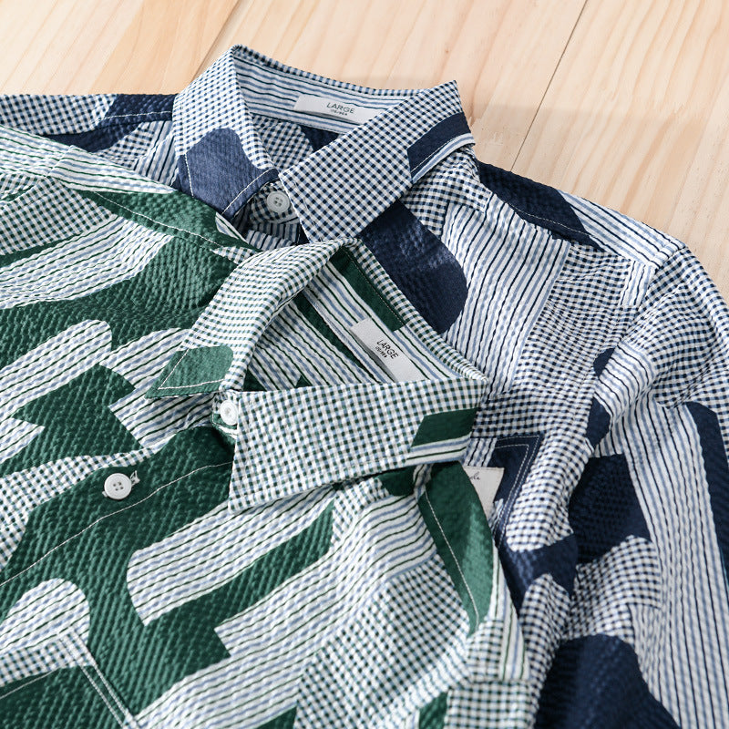 Herren Lockeres gemustertes Baumwoll-Overshirt mit Crinkle‑Struktur Echoarchiv