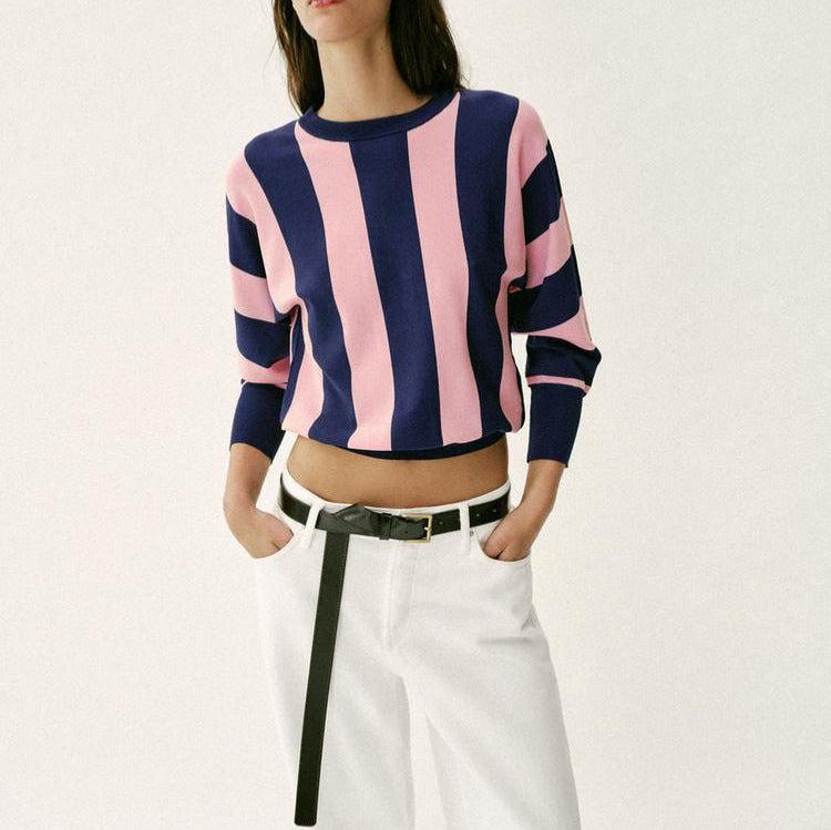 Damen Oversized Strickpullover mit breiten Streifen, Rundhalsausschnitt und verlängerten Rippärmeln Echoarchiv