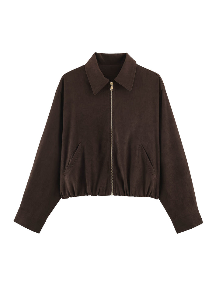 Damen Kurzblouson im Velours‑Look mit spitzem Hemdkragen und Gummizugsaum Echo Archiv