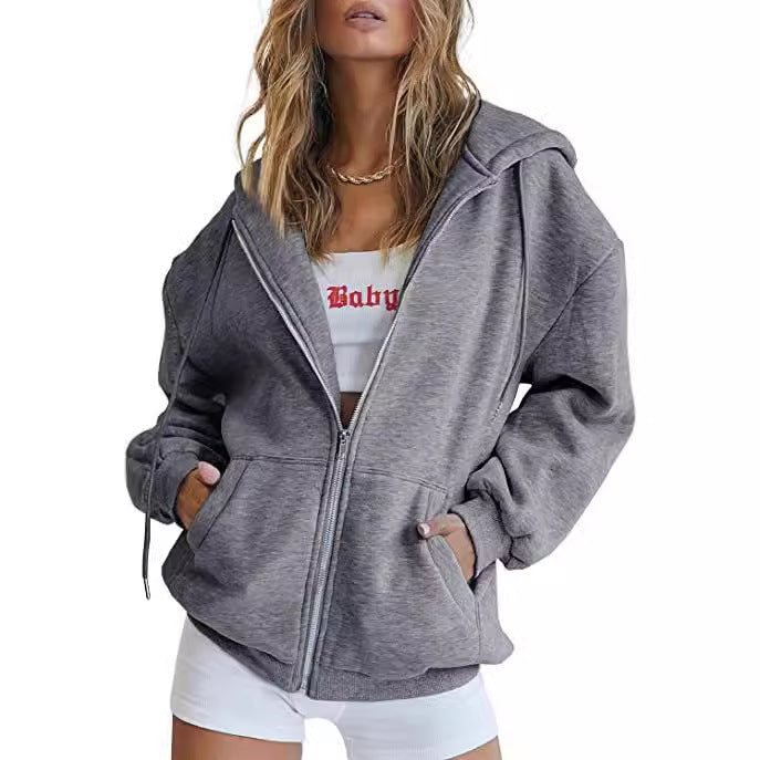 Damen oversized Zip-Hoodie mit verlängertem Rückensaum, verdecktem Reißverschluss und Kängurutaschen – Auréline