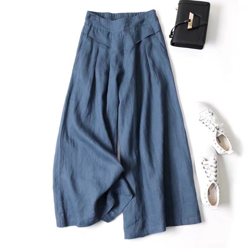 Damen Weit geschnittene Leinenhose mit hohem Bund und eleganten Falten Echoarchiv