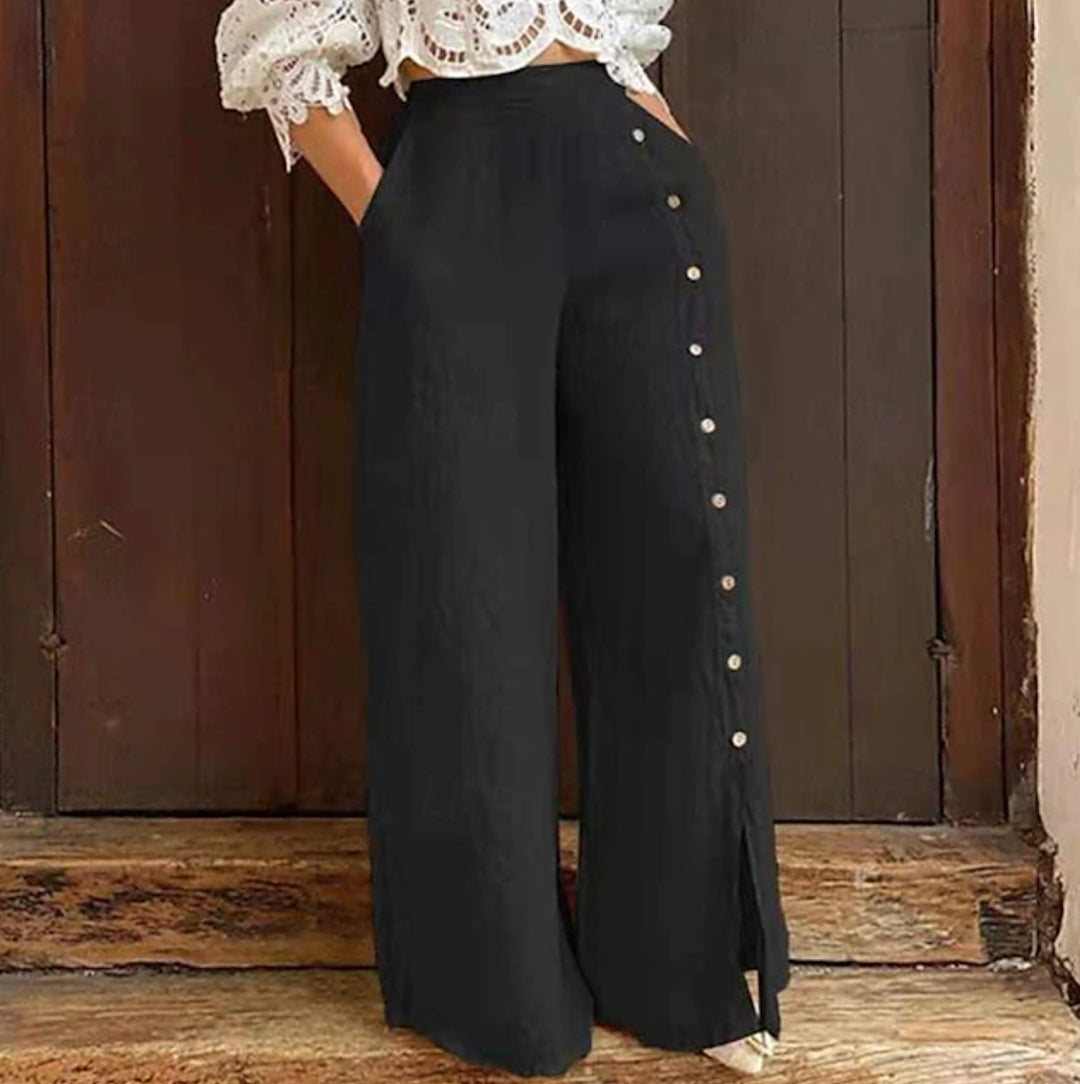 Damen nan hochgeschnittene Leinenhose mit seitlicher Zierknopfleiste, Eingrifftaschen und weitem Beinschnitt Echo Archiv