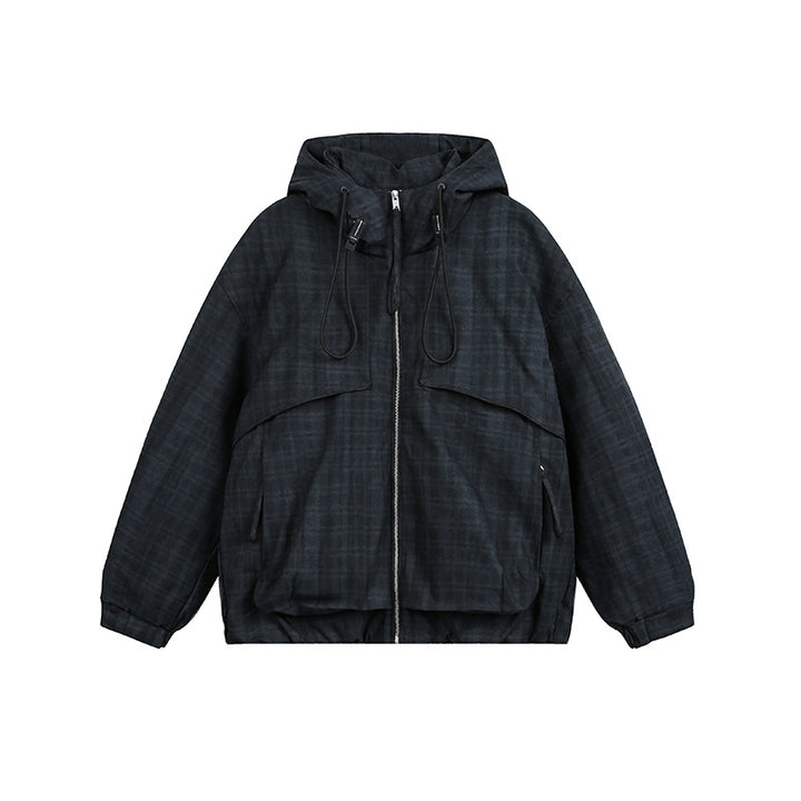 Unisex Oversize Utility Kapuzenjacke mit Karomuster und Kordelzug Echoarchiv