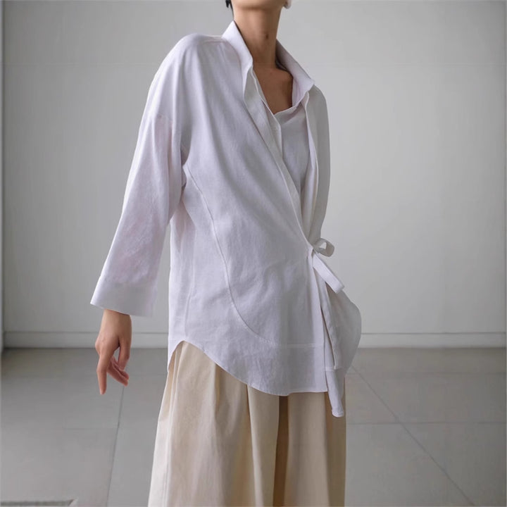 Damen Wickel-Langbluse aus Leinenmix mit Seitenschleife und Oversize-Schnitt – Élovi