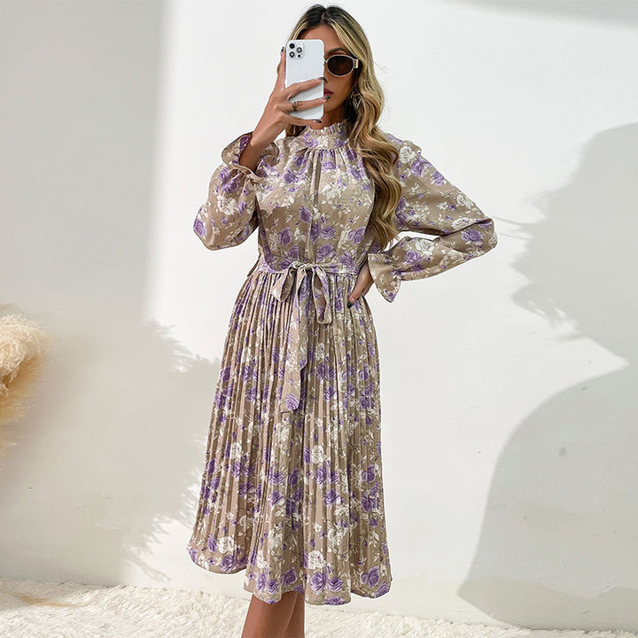 Damen Plissiertes Midikleid mit Rüschenkragen, Bindegürtel und floralem Allover-Print – Élara