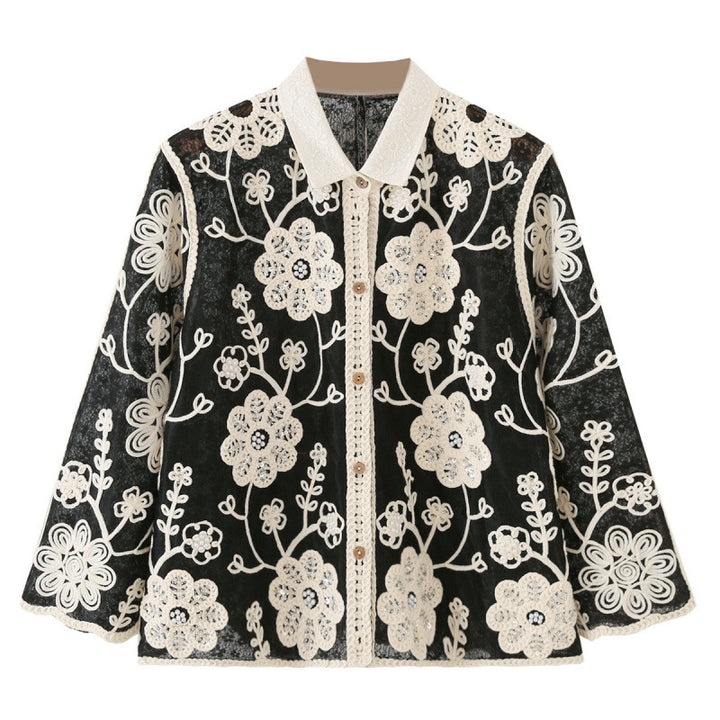 Damen Bestickte Häkeljacke mit Blumenapplikationen und Hemdkragen Echo Archiv