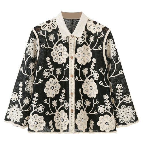 Damen Bestickte Häkeljacke mit Blumenapplikationen und Hemdkragen Echo Archiv