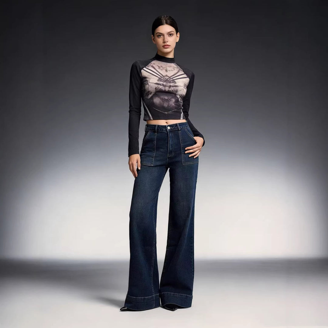 Damen High-Waist Weitbeinerhosen mit angesagtem Aufnäher Echo Archiv