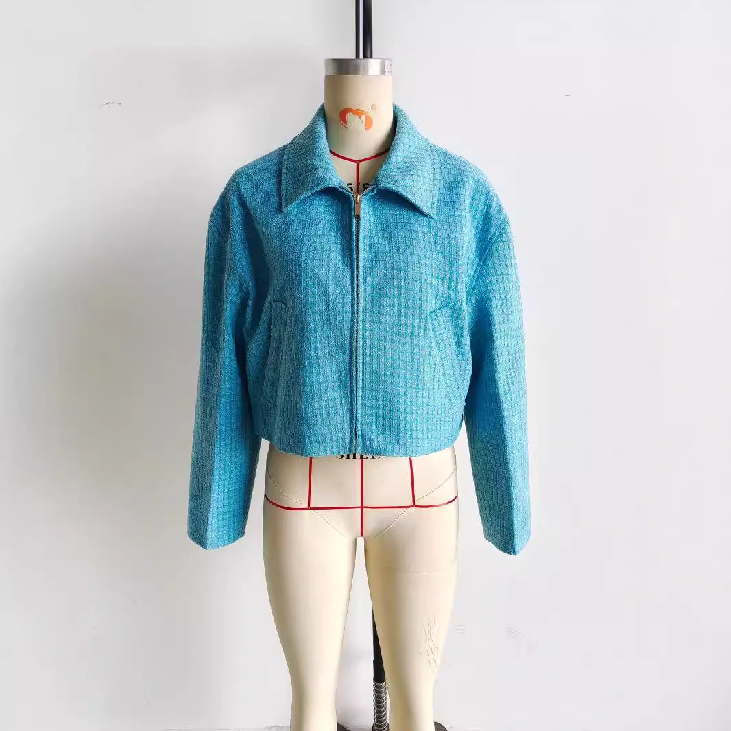 Damen Cropped Tweedjacke mit Hemdkragen, verdecktem Reißverschluss und Leistentaschen – Célinea