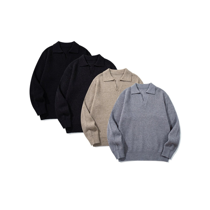 Herren Grobgestrickter Polokragen-Pullover mit V‑Ausschnitt und Rippenbündchen Echoarchiv