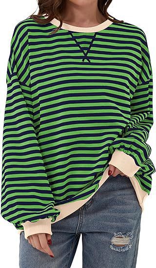 Damen Lässiges Oversize-Streifen-Sweatshirt mit Raglanärmeln und Kontrastbündchen – Mavelle