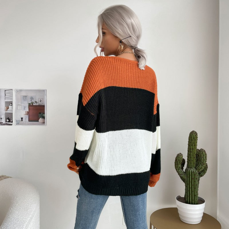 Damen Oversize Strickpullover mit schrägem Carmen-Ausschnitt und breiten Farbblöcken Echoarchiv