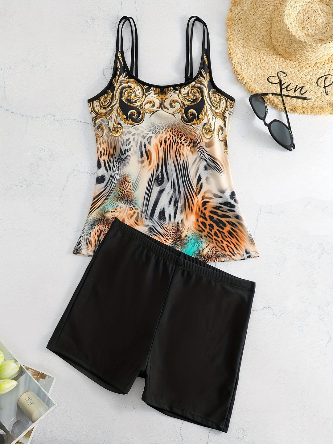 Damen Sportliches Tankini-Set mit modischem Animal-Print und Boxershorts Echo Archiv