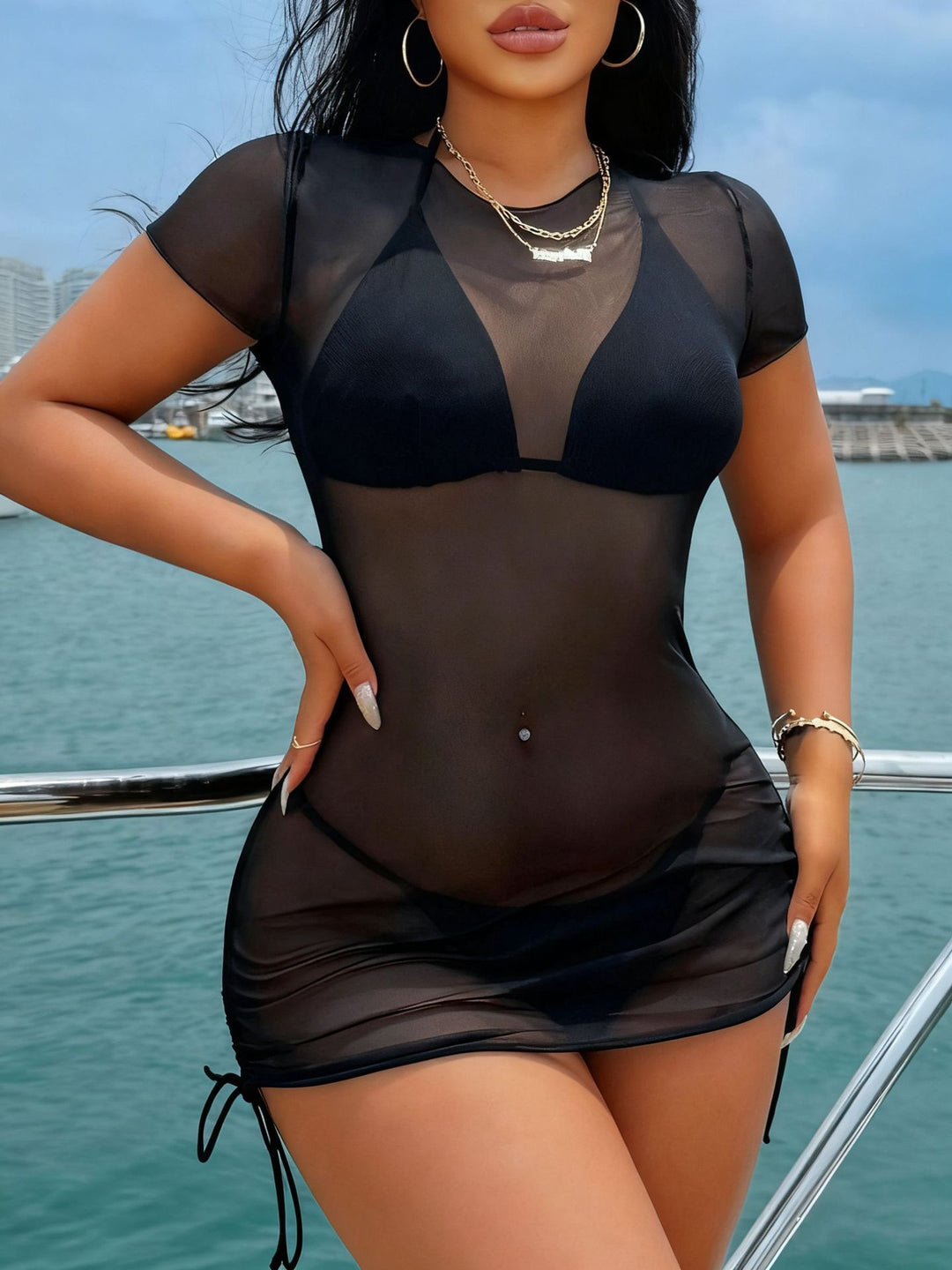 Damen transparenter Badedress mit kurzen Ärmeln Echo Archiv
