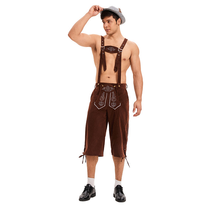 Herren nan traditionelle Trachtenlederhose mit verstellbaren Trägern und stickierter Vorderpasse Echo Archiv
