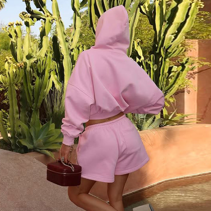 Damen nan kurzes Kapuzen-Hoodie und Drawstring-Shorts Lounge-Set mit durchgehendem Reißverschluss und taillenhohem Bindebund Echo Archiv