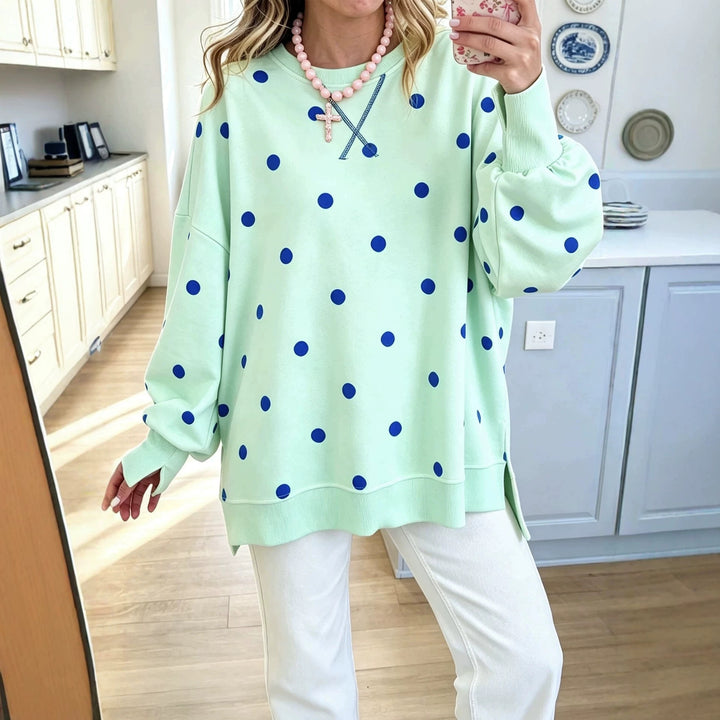 Damen Oversize-Sweatshirt mit Puffärmeln, Polka-Dots und Seitenschlitzen Echoarchiv
