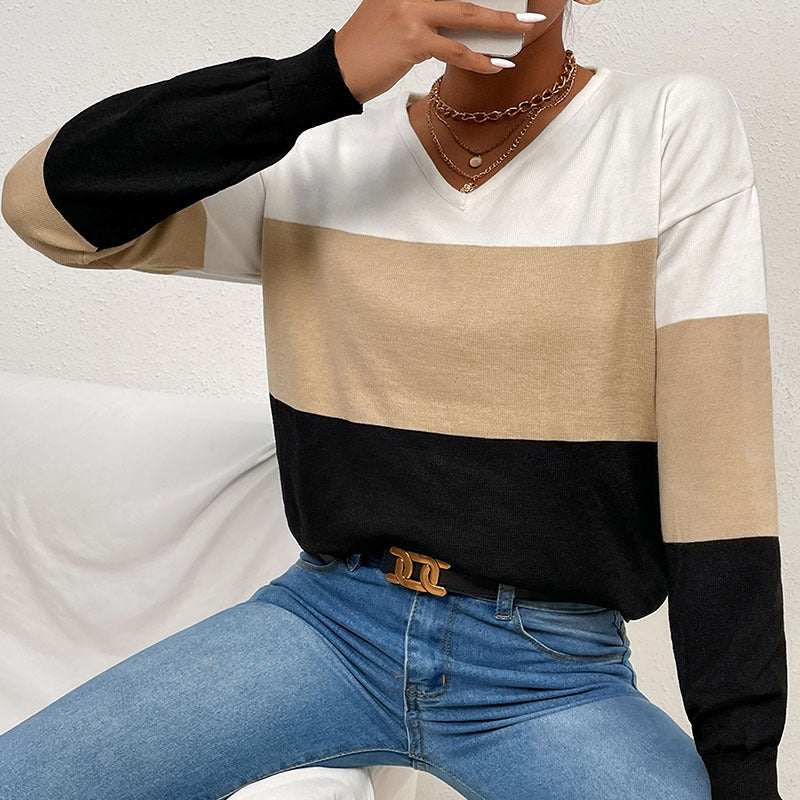 Damen Eleganter V‑Ausschnitt Feinstrickpullover mit breiten Blockstreifen Echoarchiv