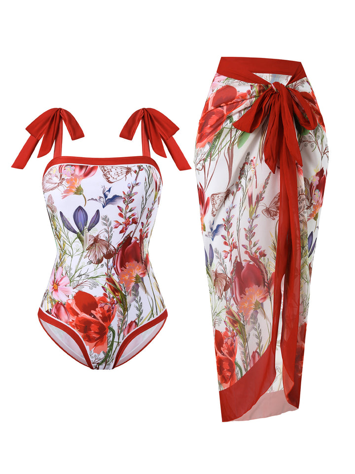 Damen Badeanzug mit floralem Design und transparentem Wickelrock Echo Archiv