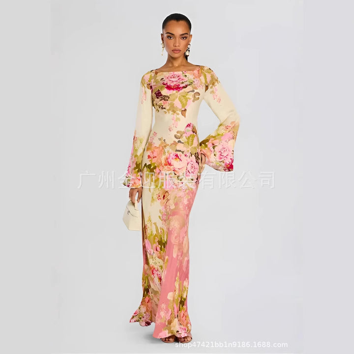 Frauen langen Abendkleid mit Trompetenärmeln und floralem Muster – Valéora