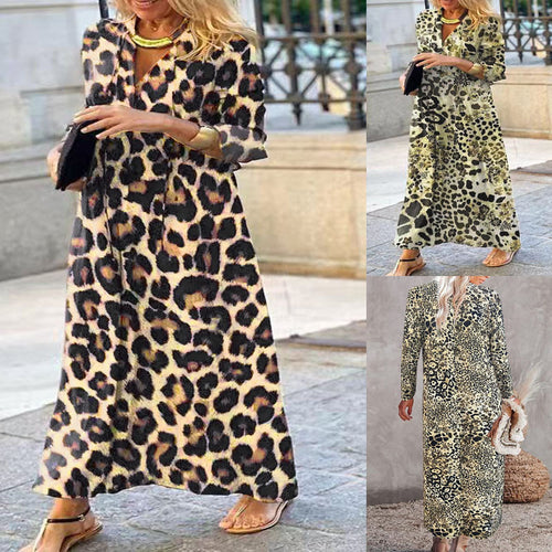 Damen Maxikleid im Hemdblusenstil mit Leopardenmuster, V-Ausschnitt und Dreiviertelärmeln – Valéora