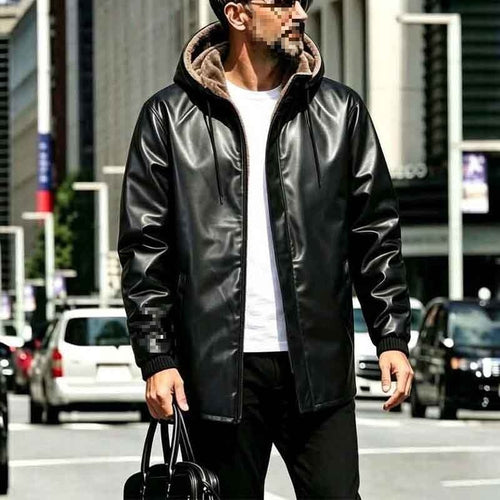 Herren Kunstleder-Parka mit Teddyfutter, Kapuze & verdecktem Reißverschluss Echoarchiv