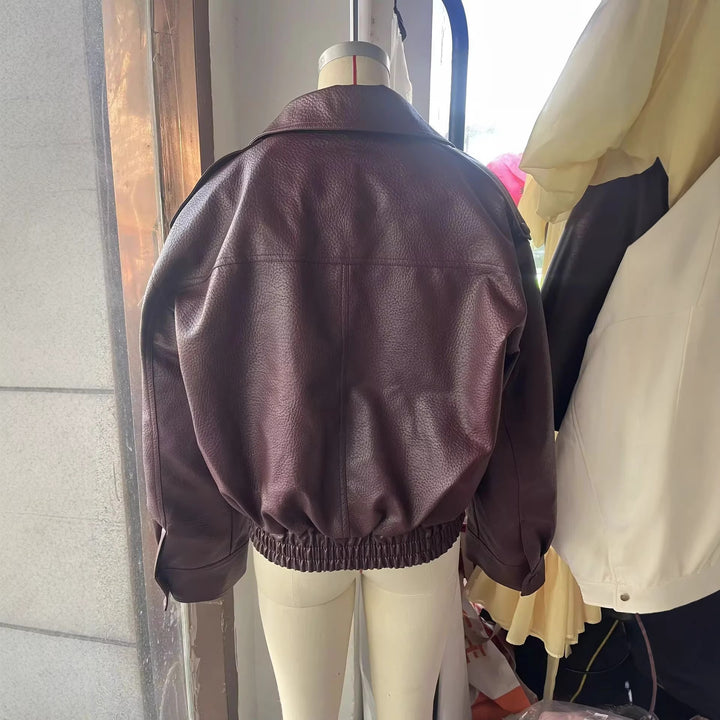 Damen nan cropped zweireihiger Kunstleder-Blouson mit breitem Revers und elastischem Saum Echo Archiv