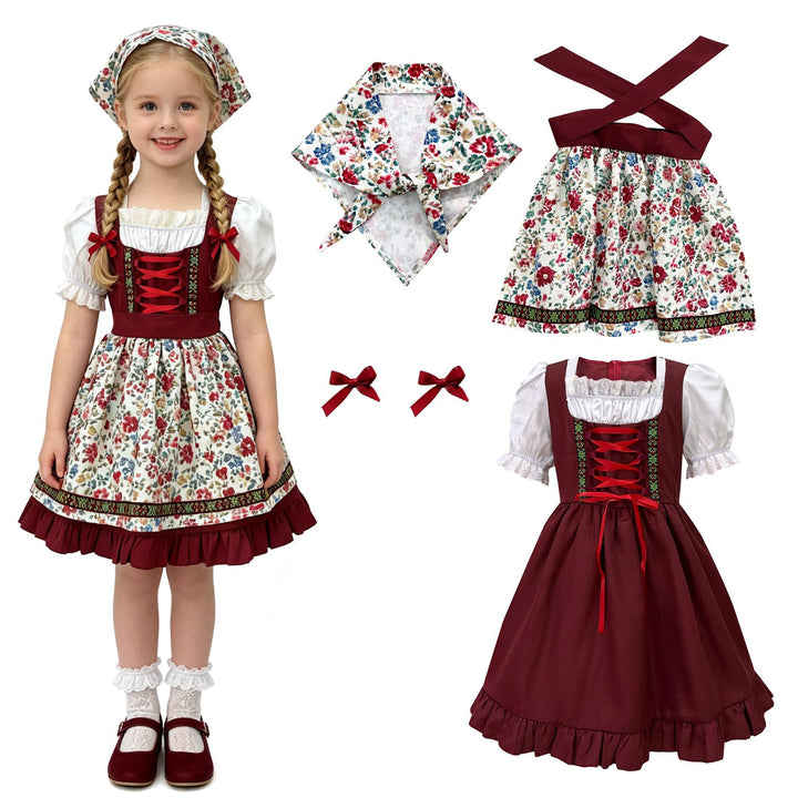 Damen nan traditionelles Kinderdirndl-Set mit bestickter Schürze, Rüschenbluse und Halstuch Echo Archiv
