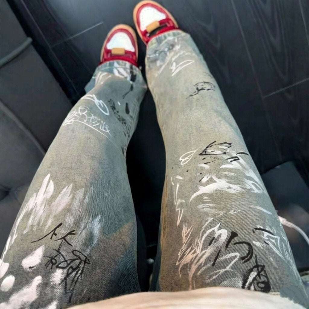 Damen Modische Ripped Skinny Jeans mit kreativen Grafiken Echoarchiv