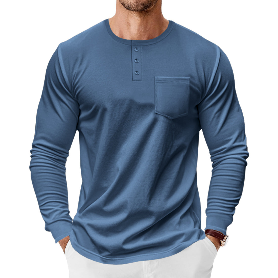 Herren langärmliges Henley-T-Shirt mit Brusttasche und Knopfleiste – Arvello