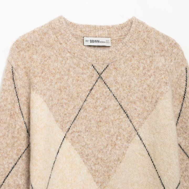 Damen Argyle-Pullover aus Wollmix mit weichem Flor und kastiger Cropped-Silhouette Echoarchiv