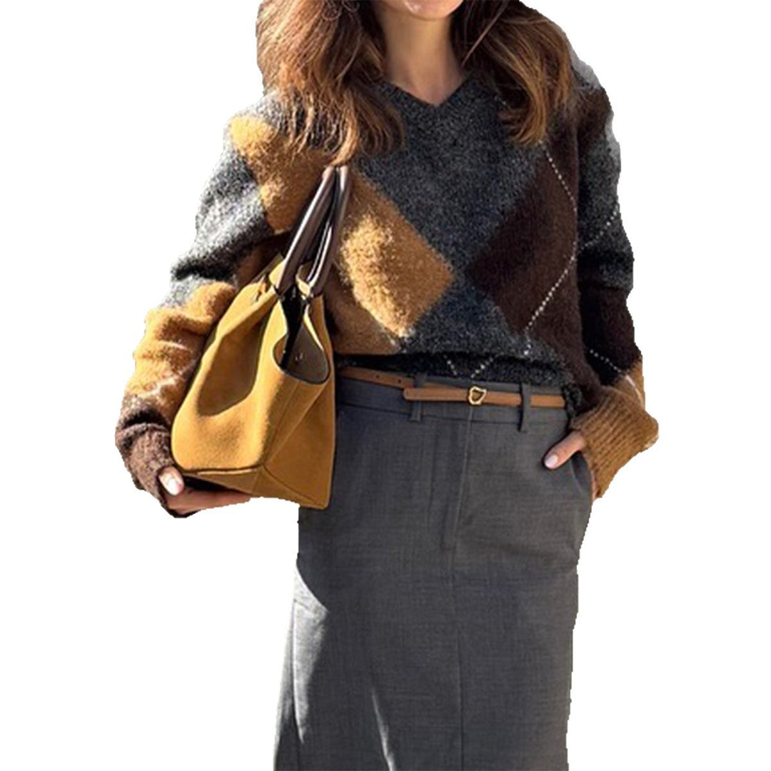 Damen oversized Argyle-Strickpullover mit kastigem Schnitt und geripptem Rundhalsausschnitt – Mavelle