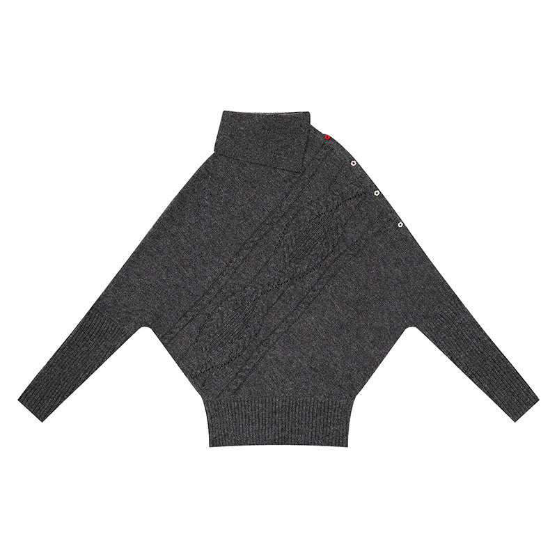 Damen Oversize-Pullover mit Rollkragen, asymmetrischer Schulter-Knopfleiste und Zopfstrick-Details Echoarchiv