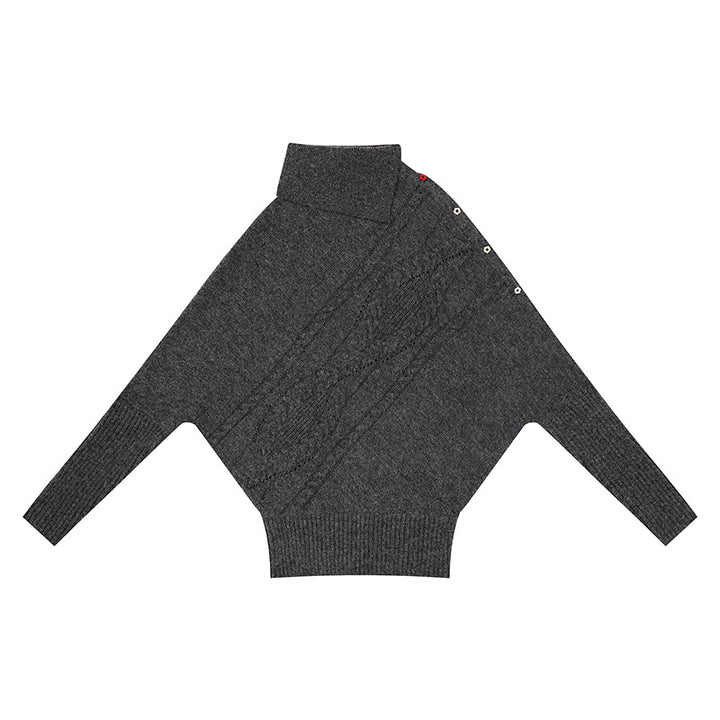 Damen Oversize-Pullover mit Rollkragen, asymmetrischer Schulter-Knopfleiste und Zopfstrick-Details Echoarchiv
