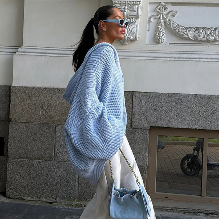 Damen Oversized Kapuzen-Strickcardigan mit Ballonärmeln und Knopfleiste Echoarchiv