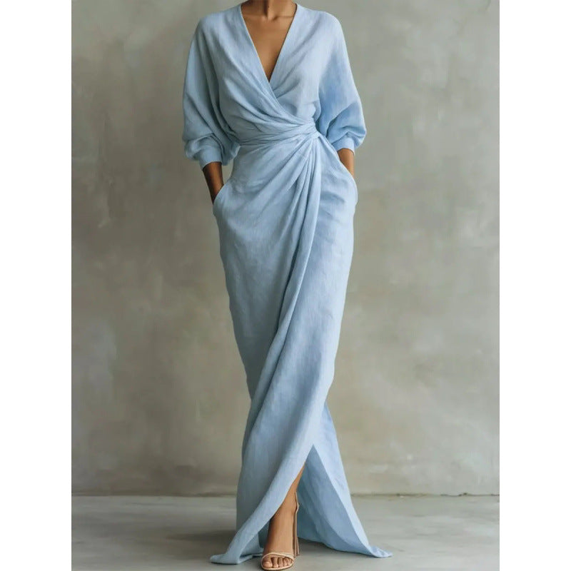 Damen Drapiertes Wickel-Maxikleid mit tiefem V-Ausschnitt, Taillen-Twist und Eingrifftaschen – Valéora