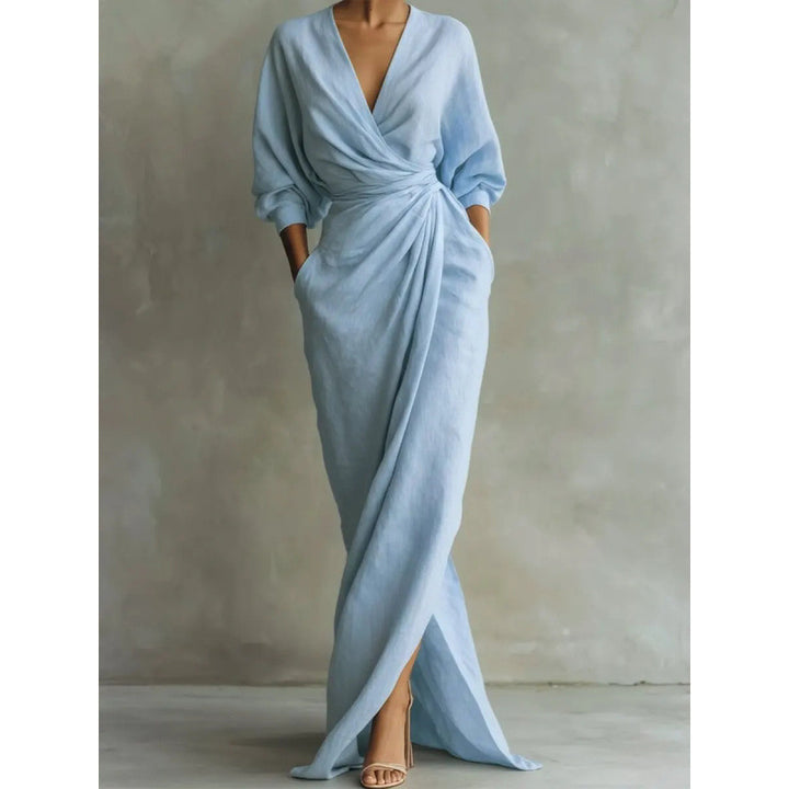 Damen Drapiertes Wickel-Maxikleid mit tiefem V-Ausschnitt, Taillen-Twist und Eingrifftaschen – Valéora
